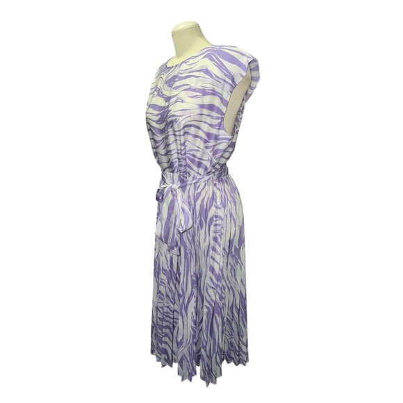 Nine West Womens XL Purple & White Zebra Print Pleated Midi Dress With Waist Tie - Picture 7 of 11